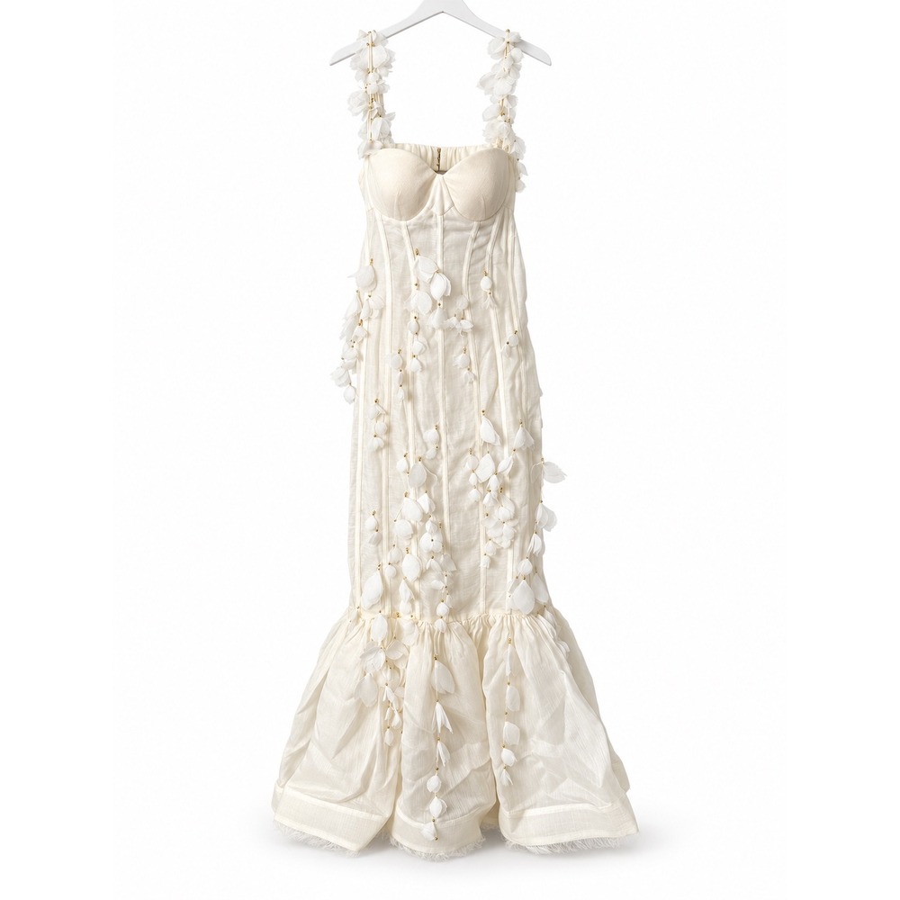 ZIMMERMANN BOTANICA PETAL APPLIQUÉ LINEN SILK CORSET GOWN IVORY SIZE 1